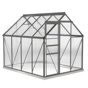 Outsunny 6' x 8' x 6.5' Polycarbonate Greenhouse, Walk-in Green House with Adjustable Roof Vent Galvanized Base Sliding Door Rain Gutter for Outdoor Garden Backyard, Charcoal Grey - Image 12