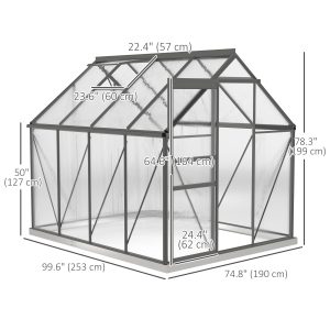 Outsunny 6' x 8' x 6.5' Polycarbonate Greenhouse, Walk-in Green House with Adjustable Roof Vent Galvanized Base Sliding Door Rain Gutter for Outdoor Garden Backyard, Charcoal Grey - Image 13