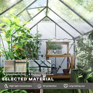Outsunny 6' x 8' x 6.5' Polycarbonate Greenhouse, Walk-in Green House with Adjustable Roof Vent Galvanized Base Sliding Door Rain Gutter for Outdoor Garden Backyard, Charcoal Grey - Image 14