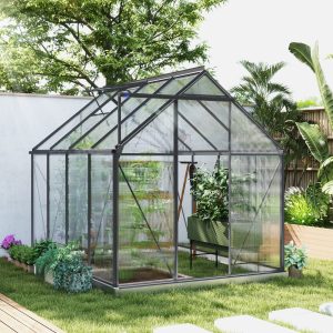 Outsunny 6' x 8' x 6.5' Polycarbonate Greenhouse, Walk-in Green House with Adjustable Roof Vent Galvanized Base Sliding Door Rain Gutter for Outdoor Garden Backyard, Charcoal Grey - Image 19