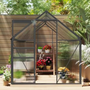 Outsunny 6' x 8' x 6.5' Polycarbonate Greenhouse, Walk-in Green House with Adjustable Roof Vent Galvanized Base Sliding Door Rain Gutter for Outdoor Garden Backyard, Charcoal Grey - Image 20