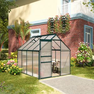 Outsunny 6' x 8' x 6.5' Polycarbonate Greenhouse, Walk-in Green House with Adjustable Roof Vent Galvanized Base Sliding Door Rain Gutter for Outdoor Garden Backyard, Green - Image 1