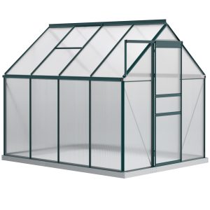 Outsunny 6' x 8' x 6.5' Polycarbonate Greenhouse, Walk-in Green House with Adjustable Roof Vent Galvanized Base Sliding Door Rain Gutter for Outdoor Garden Backyard, Green - Image 2