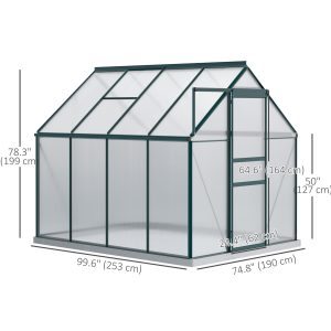 Outsunny 6' x 8' x 6.5' Polycarbonate Greenhouse, Walk-in Green House with Adjustable Roof Vent Galvanized Base Sliding Door Rain Gutter for Outdoor Garden Backyard, Green - Image 3