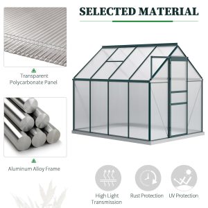 Outsunny 6' x 8' x 6.5' Polycarbonate Greenhouse, Walk-in Green House with Adjustable Roof Vent Galvanized Base Sliding Door Rain Gutter for Outdoor Garden Backyard, Green - Image 4