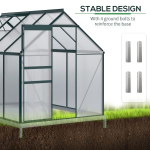 Outsunny 6' x 8' x 6.5' Polycarbonate Greenhouse, Walk-in Green House with Adjustable Roof Vent Galvanized Base Sliding Door Rain Gutter for Outdoor Garden Backyard, Green - Image 5