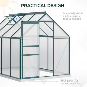 Outsunny 6' x 8' x 6.5' Polycarbonate Greenhouse, Walk-in Green House with Adjustable Roof Vent Galvanized Base Sliding Door Rain Gutter for Outdoor Garden Backyard, Green - Image 6