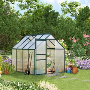 Outsunny 6' x 8' x 6.5' Polycarbonate Greenhouse, Walk-in Green House with Adjustable Roof Vent Galvanized Base Sliding Door Rain Gutter for Outdoor Garden Backyard, Green - Image 8