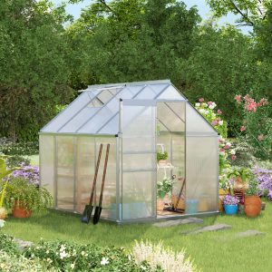 Outsunny 6' x 8' x 6.5' Walk-in Greenhouse, Polycarbonate Greenhouse with Adjustable Roof Vent, Base, Sliding Door, Clear - Image 1