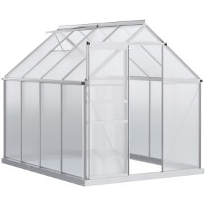 Outsunny 6' x 8' x 6.5' Walk-in Greenhouse, Polycarbonate Greenhouse with Adjustable Roof Vent, Base, Sliding Door, Clear - Image 2