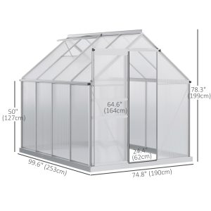 Outsunny 6' x 8' x 6.5' Walk-in Greenhouse, Polycarbonate Greenhouse with Adjustable Roof Vent, Base, Sliding Door, Clear - Image 3