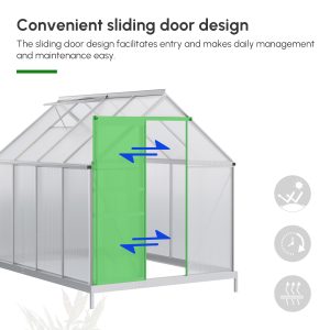 Outsunny 6' x 8' x 6.5' Walk-in Greenhouse, Polycarbonate Greenhouse with Adjustable Roof Vent, Base, Sliding Door, Clear - Image 4