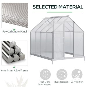 Outsunny 6' x 8' x 6.5' Walk-in Greenhouse, Polycarbonate Greenhouse with Adjustable Roof Vent, Base, Sliding Door, Clear - Image 5