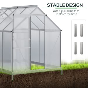 Outsunny 6' x 8' x 6.5' Walk-in Greenhouse, Polycarbonate Greenhouse with Adjustable Roof Vent, Base, Sliding Door, Clear - Image 6