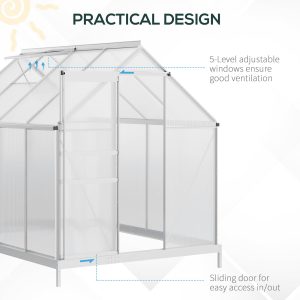 Outsunny 6' x 8' x 6.5' Walk-in Greenhouse, Polycarbonate Greenhouse with Adjustable Roof Vent, Base, Sliding Door, Clear - Image 7