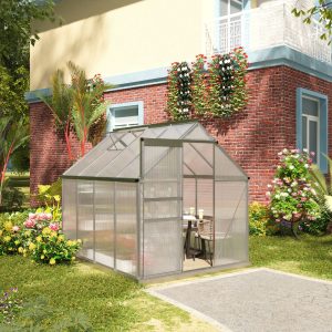 Outsunny 6' x 8' x 6.5' Walk-in Greenhouse, Polycarbonate Greenhouse with Adjustable Roof Vent, Base, Sliding Door, Clear - Image 9