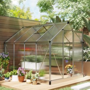 Outsunny 6' x 8' x 6.6' Polycarbonate Greenhouse, Walk-In Green House Kit Garden, Plants Grow, Galvanized Sheet Aluminum Frame with Rain Gutter, Vent and Sliding Door, Silver - Image 1
