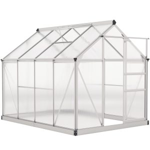 Outsunny 6' x 8' x 6.6' Polycarbonate Greenhouse, Walk-In Green House Kit Garden, Plants Grow, Galvanized Sheet Aluminum Frame with Rain Gutter, Vent and Sliding Door, Silver - Image 2