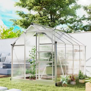 Outsunny 6' x 8' x 6.6' Polycarbonate Greenhouse, Walk-In Green House Kit Garden, Plants Grow, Galvanized Sheet Aluminum Frame with Rain Gutter, Vent and Sliding Door, Silver - Image 11
