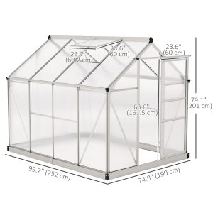 Outsunny 6' x 8' x 6.6' Polycarbonate Greenhouse, Walk-In Green House Kit Garden, Plants Grow, Galvanized Sheet Aluminum Frame with Rain Gutter, Vent and Sliding Door, Silver - Image 3