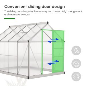 Outsunny 6' x 8' x 6.6' Polycarbonate Greenhouse, Walk-In Green House Kit Garden, Plants Grow, Galvanized Sheet Aluminum Frame with Rain Gutter, Vent and Sliding Door, Silver - Image 4