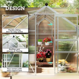 Outsunny 6' x 8' x 6.6' Polycarbonate Greenhouse, Walk-In Green House Kit Garden, Plants Grow, Galvanized Sheet Aluminum Frame with Rain Gutter, Vent and Sliding Door, Silver - Image 5