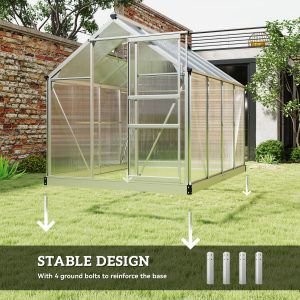 Outsunny 6' x 8' x 6.6' Polycarbonate Greenhouse, Walk-In Green House Kit Garden, Plants Grow, Galvanized Sheet Aluminum Frame with Rain Gutter, Vent and Sliding Door, Silver - Image 7