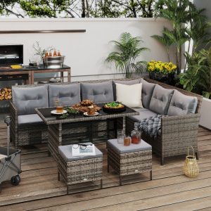 Outsunny 6pcs Outdoor Rattan Sofa Set Garden Wicker Sectional Couch Furniture Set with Dining Table and Chair Dark Grey - Image 1