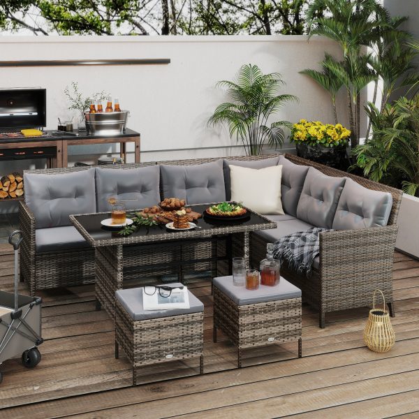 Outsunny 6pcs Outdoor Rattan Sofa Set Garden Wicker Sectional Couch Furniture Set with Dining Table and Chair Dark Grey - Image 1