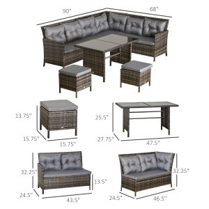 Outsunny 6pcs Outdoor Rattan Sofa Set Garden Wicker Sectional Couch Furniture Set with Dining Table and Chair Dark Grey - Image 3