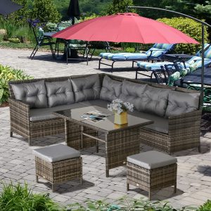 Outsunny 6pcs Outdoor Rattan Sofa Set Garden Wicker Sectional Couch Furniture Set with Dining Table and Chair Dark Grey - Image 7