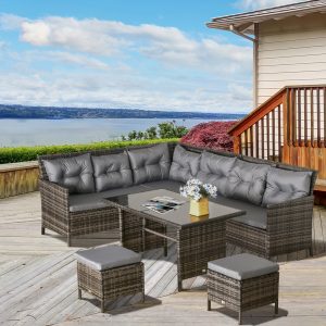 Outsunny 6pcs Outdoor Rattan Sofa Set Garden Wicker Sectional Couch Furniture Set with Dining Table and Chair Dark Grey - Image 8