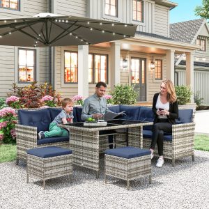 Outsunny 6pcs Outdoor Rattan Sofa Set Garden Wicker Sectional Couch Furniture Set with Dining Table and Chair Deep Blue - Image 1