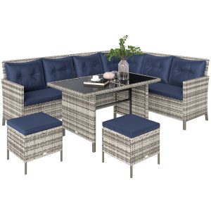 Outsunny 6pcs Outdoor Rattan Sofa Set Garden Wicker Sectional Couch Furniture Set with Dining Table and Chair Deep Blue - Image 2