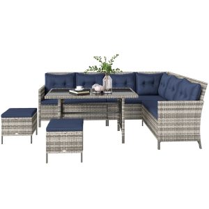 Outsunny 6pcs Outdoor Rattan Sofa Set Garden Wicker Sectional Couch Furniture Set with Dining Table and Chair Deep Blue - Image 11