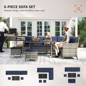 Outsunny 6pcs Outdoor Rattan Sofa Set Garden Wicker Sectional Couch Furniture Set with Dining Table and Chair Deep Blue - Image 4