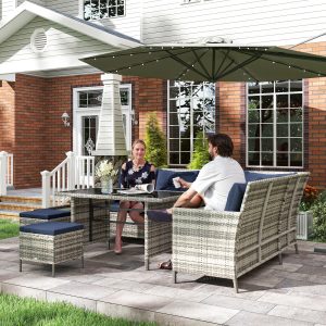 Outsunny 6pcs Outdoor Rattan Sofa Set Garden Wicker Sectional Couch Furniture Set with Dining Table and Chair Deep Blue - Image 8