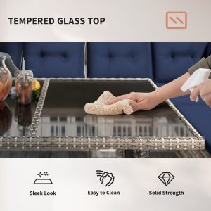 Outsunny 6pcs Outdoor Rattan Sofa Set Garden Wicker Sectional Couch Furniture Set with Dining Table and Chair Deep Blue - Image 9