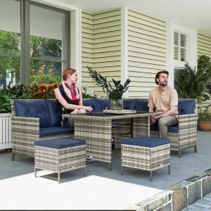 Outsunny 6pcs Outdoor Rattan Sofa Set Garden Wicker Sectional Couch Furniture Set with Dining Table and Chair Deep Blue - Image 10
