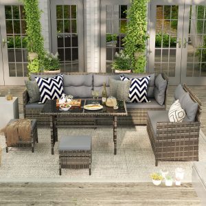 Outsunny 6pcs Outdoor Rattan Sofa Set Garden Wicker Sectional Couch Furniture Set with Dining Table and Chair Grey - Image 1