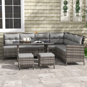 Outsunny 6pcs Outdoor Rattan Sofa Set Garden Wicker Sectional Couch Furniture Set with Dining Table and Chair Grey - Image 2
