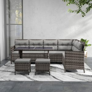 Outsunny 6pcs Outdoor Rattan Sofa Set Garden Wicker Sectional Couch Furniture Set with Dining Table and Chair Grey - Image 11