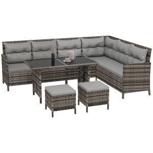Outsunny 6pcs Outdoor Rattan Sofa Set Garden Wicker Sectional Couch Furniture Set with Dining Table and Chair Grey - Image 12
