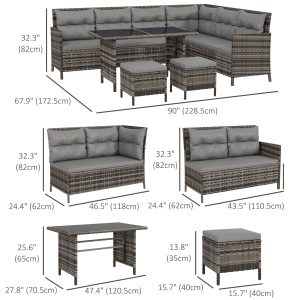 Outsunny 6pcs Outdoor Rattan Sofa Set Garden Wicker Sectional Couch Furniture Set with Dining Table and Chair Grey - Image 4