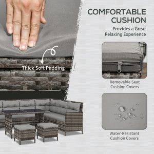 Outsunny 6pcs Outdoor Rattan Sofa Set Garden Wicker Sectional Couch Furniture Set with Dining Table and Chair Grey - Image 5