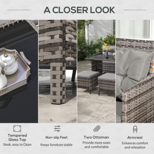 Outsunny 6pcs Outdoor Rattan Sofa Set Garden Wicker Sectional Couch Furniture Set with Dining Table and Chair Grey - Image 7