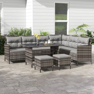Outsunny 6pcs Outdoor Rattan Sofa Set Garden Wicker Sectional Couch Furniture Set with Dining Table and Chair Grey - Image 8