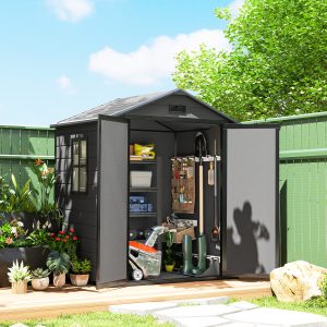 Outsunny 6x4.5FT Plastic Shed, Lockable Garden Tool Storage House with Double Doors and Vent, Grey - Image 1