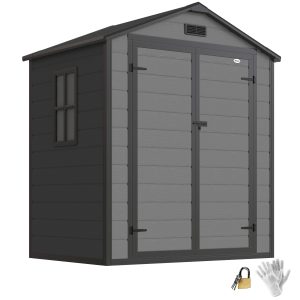 Outsunny 6x4.5FT Plastic Shed, Lockable Garden Tool Storage House with Double Doors and Vent, Grey - Image 11