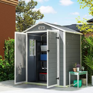 Outsunny 6x4.5FT Plastic Shed, Lockable Garden Tool Storage House with Double Doors and Vent, Grey - Image 1